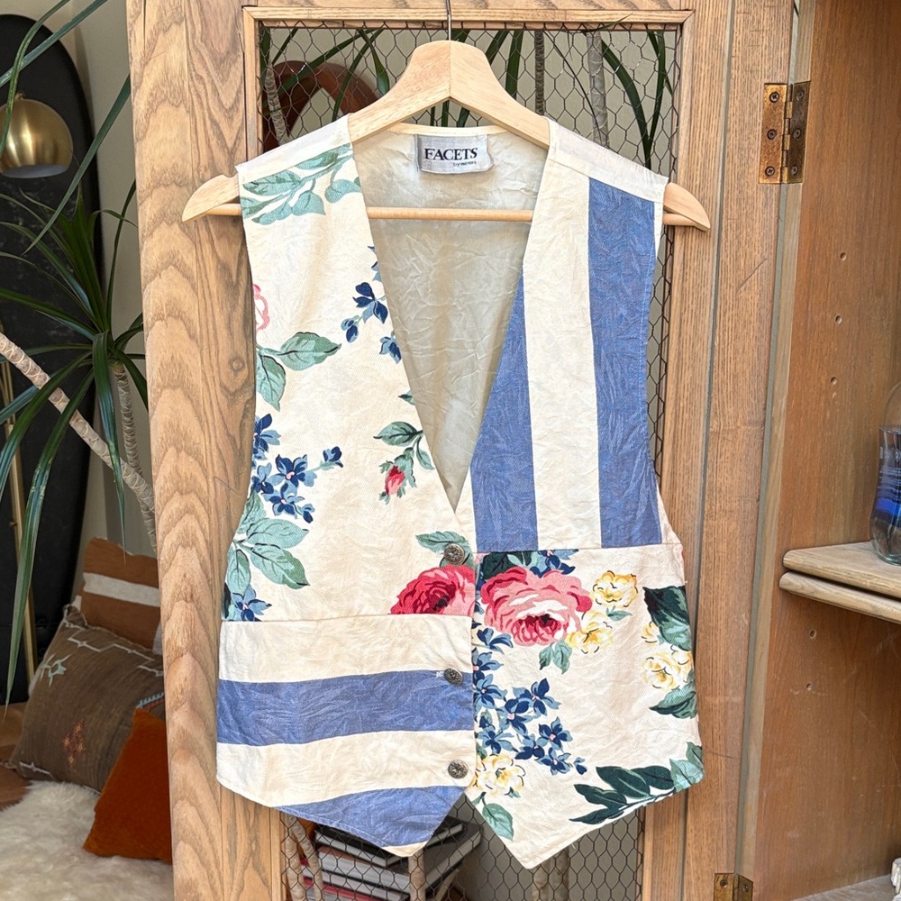 Vintage Facets Floral and Blue StripesPatchwork Vest